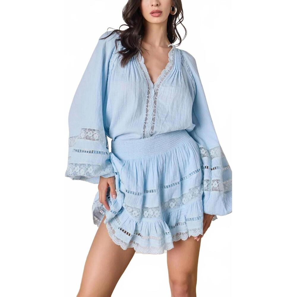 NEW ROCOCO SAND lace mini skirt in dove blue
